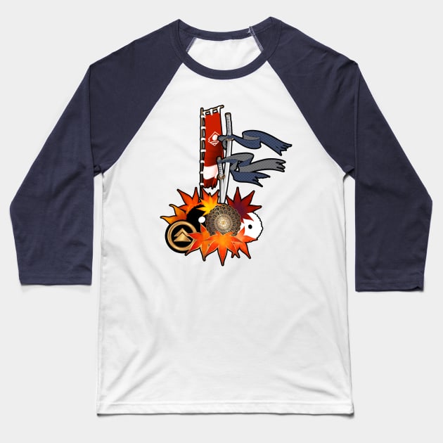 House of Sakai Family Crest, Katana, and Clan Banner - ゴート・オブ・ツシマ - Ghost of Tsushima Baseball T-Shirt by SamInJapan